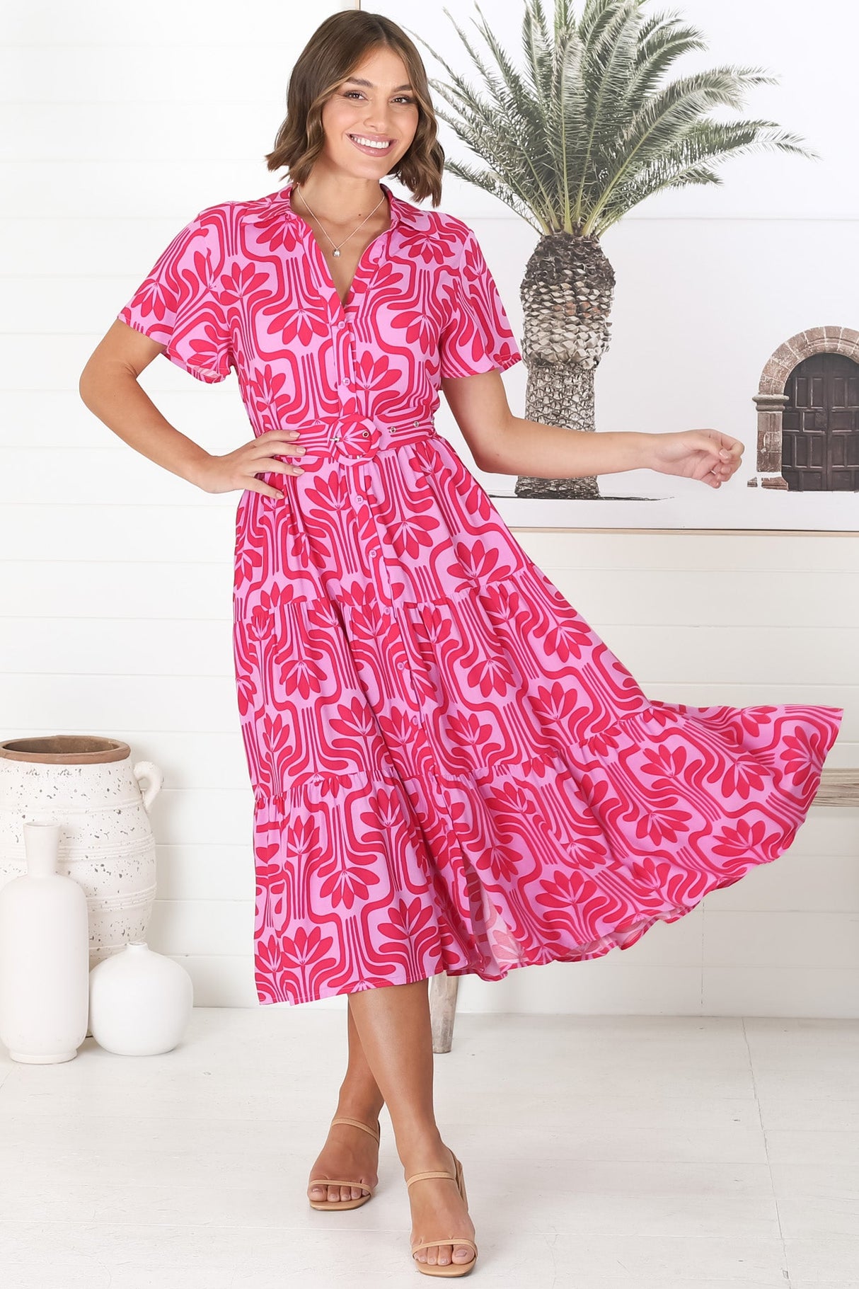 Luvira Midi Dress - Button Down Collared Dress With Statement Belt In Pink