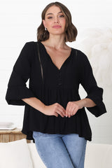 Alexia Top - V Neck Smock Top With Crochet Insert Details In Black