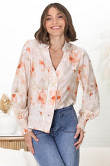 Lucy Blouse - Delicate Splicing and Trim Detailed Button Down Shirt in Helena Print Pink