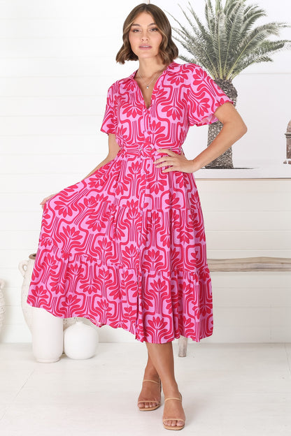Luvira Midi Dress - Button Down Collared Dress With Statement Belt In Pink