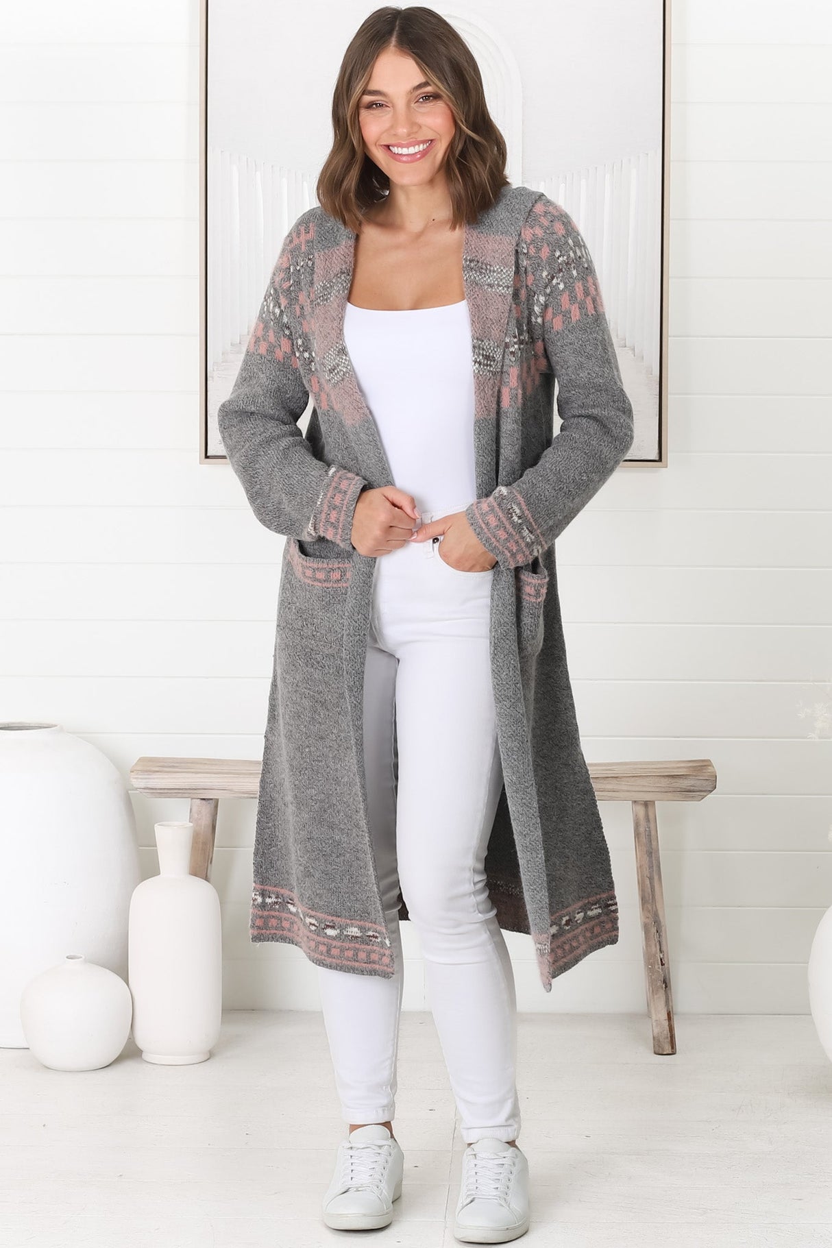 Jumilah Cardigan - Hooded Long Line Graphic Cardigan in Grey