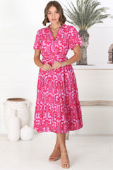 Luvira Midi Dress - Button Down Collared Dress With Statement Belt In Pink