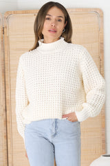 Dexter Jumper - Turtle Neck Waffle Knit Jumper in Cream