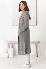 Jumilah Cardigan - Hooded Long Line Graphic Cardigan in Grey