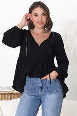 Alexia Top - V Neck Smock Top With Crochet Insert Details In Black