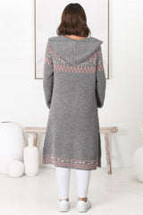 Jumilah Cardigan - Hooded Long Line Graphic Cardigan in Grey