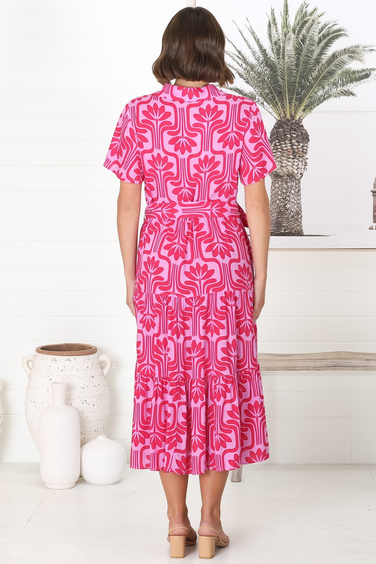 Luvira Midi Dress - Button Down Collared Dress With Statement Belt In Pink