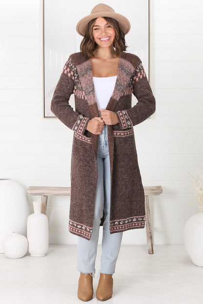 Jumilah Cardigan - Hooded Long Line Graphic Cardigan in Brown