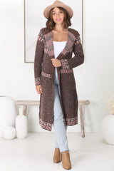 Jumilah Cardigan - Hooded Long Line Graphic Cardigan in Brown