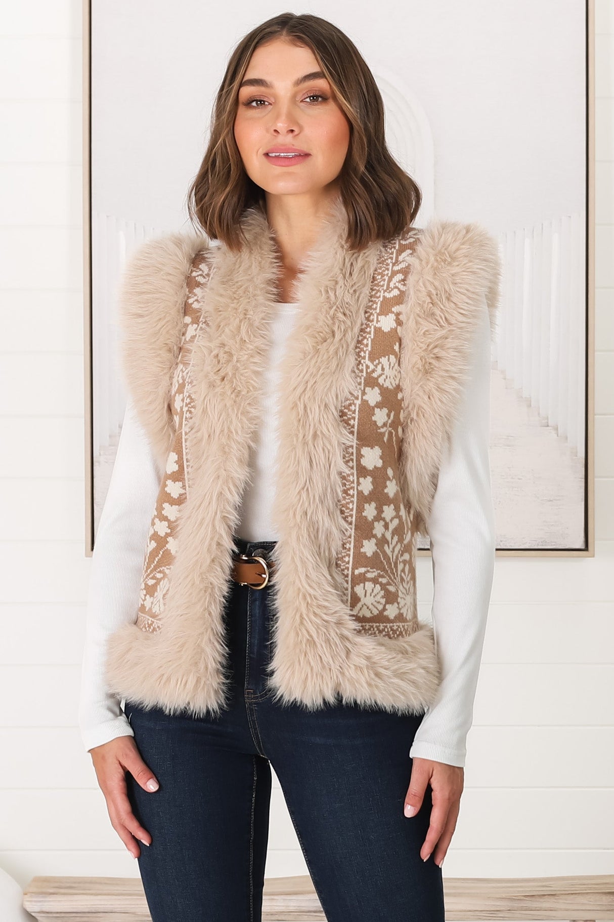 Wolfe Knit Vest - Faux Fur Trim Open Vest in Camel