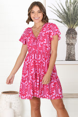 Lilly Mini Dress - Adjustable V Neckline Dress with Cap Sleeves in Luvira Print Pink