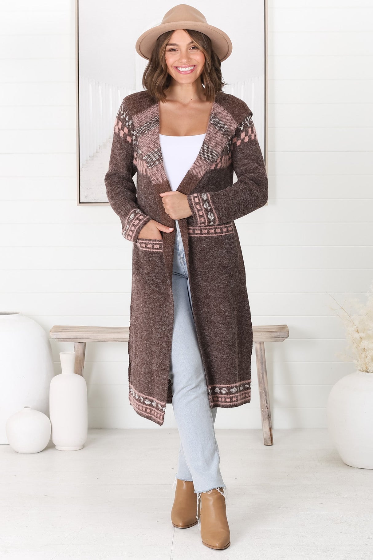 Jumilah Cardigan - Hooded Long Line Graphic Cardigan in Brown