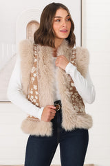 Wolfe Knit Vest - Faux Fur Trim Open Vest in Camel