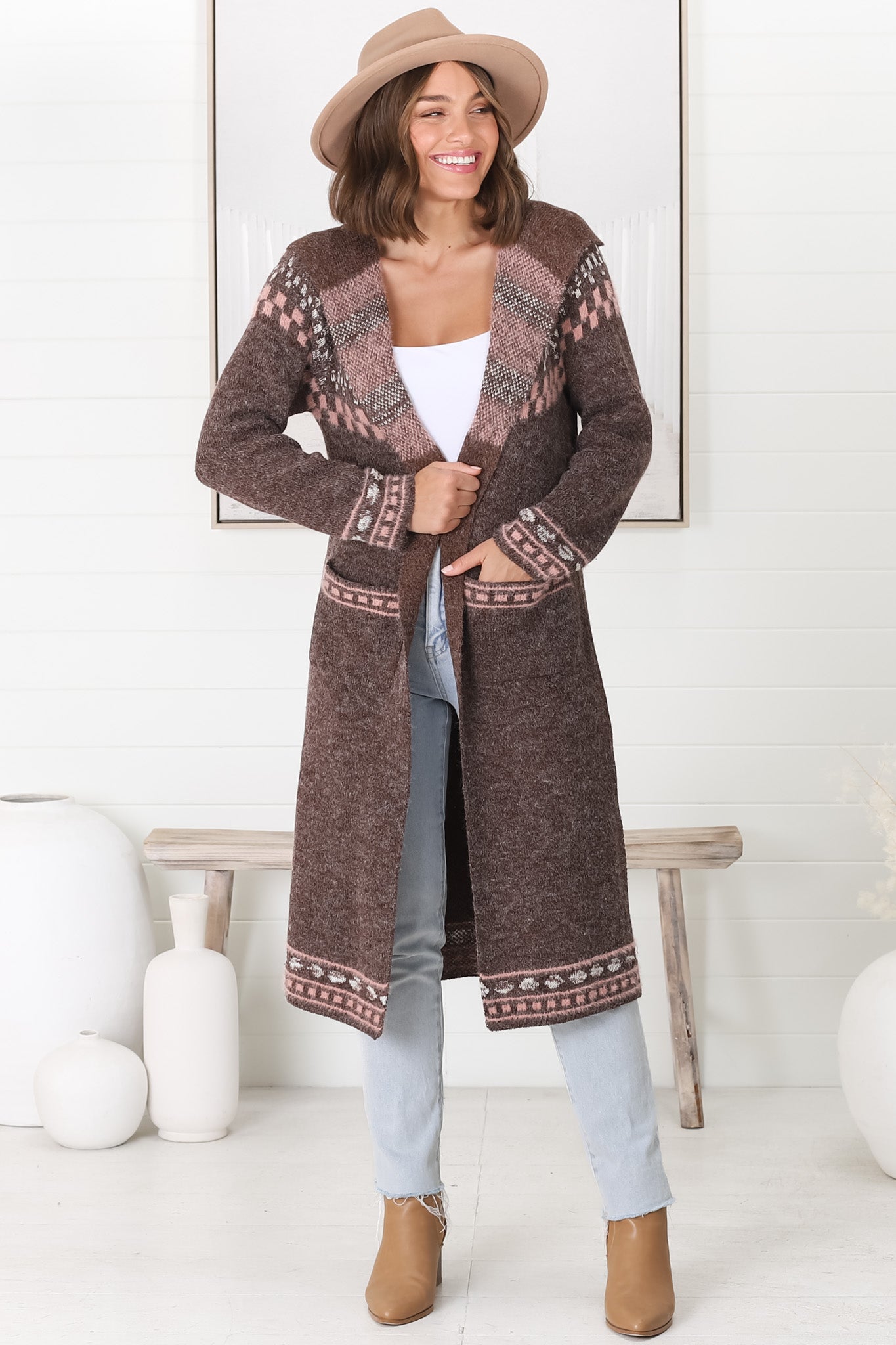 Jumilah Cardigan - Hooded Long Line Graphic Cardigan in Brown