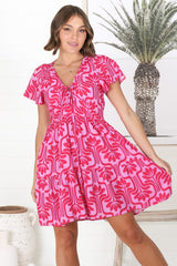 Lilly Mini Dress - Adjustable V Neckline Dress with Cap Sleeves in Luvira Print Pink