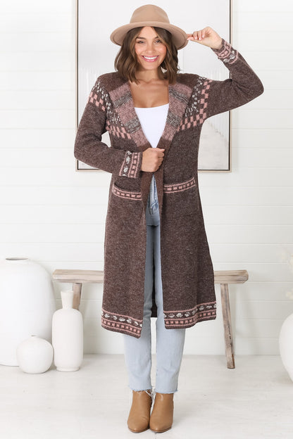 Jumilah Cardigan - Hooded Long Line Graphic Cardigan in Brown