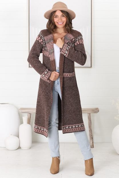 Jumilah Cardigan - Hooded Long Line Graphic Cardigan in Brown