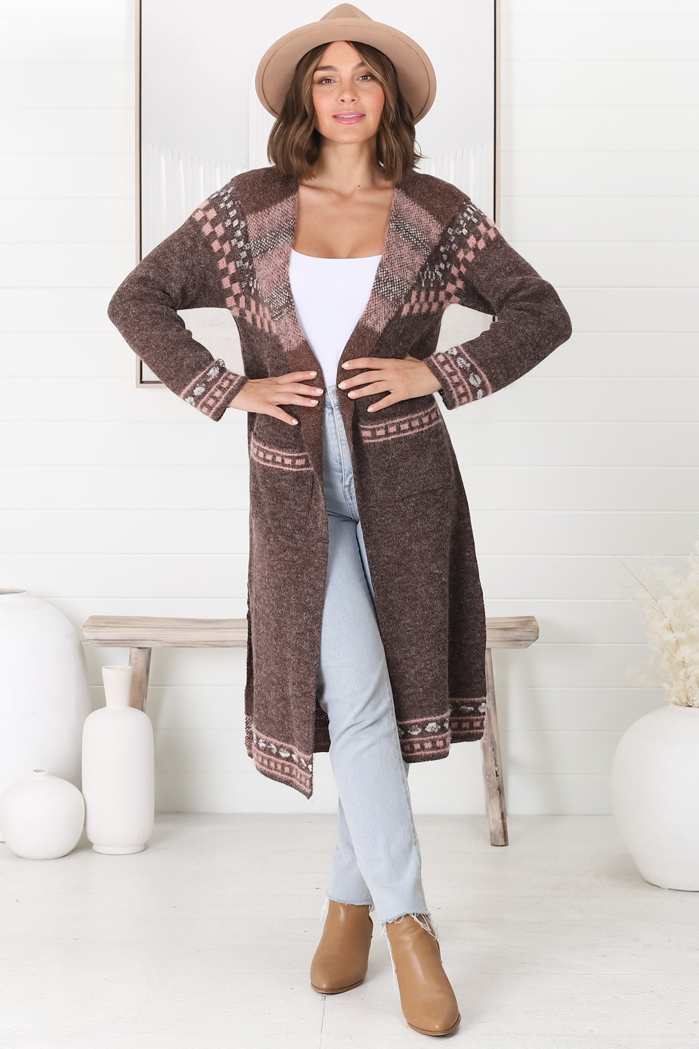 Jumilah Cardigan - Hooded Long Line Graphic Cardigan in Brown