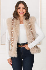 Wolfe Knit Vest - Faux Fur Trim Open Vest in Camel