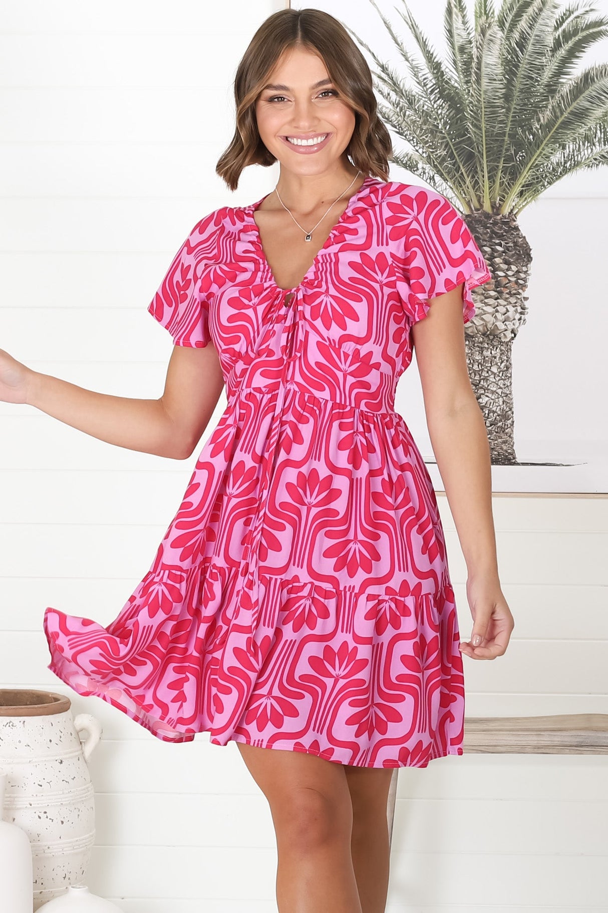 Lilly Mini Dress - Adjustable V Neckline Dress with Cap Sleeves in Luvira Print Pink