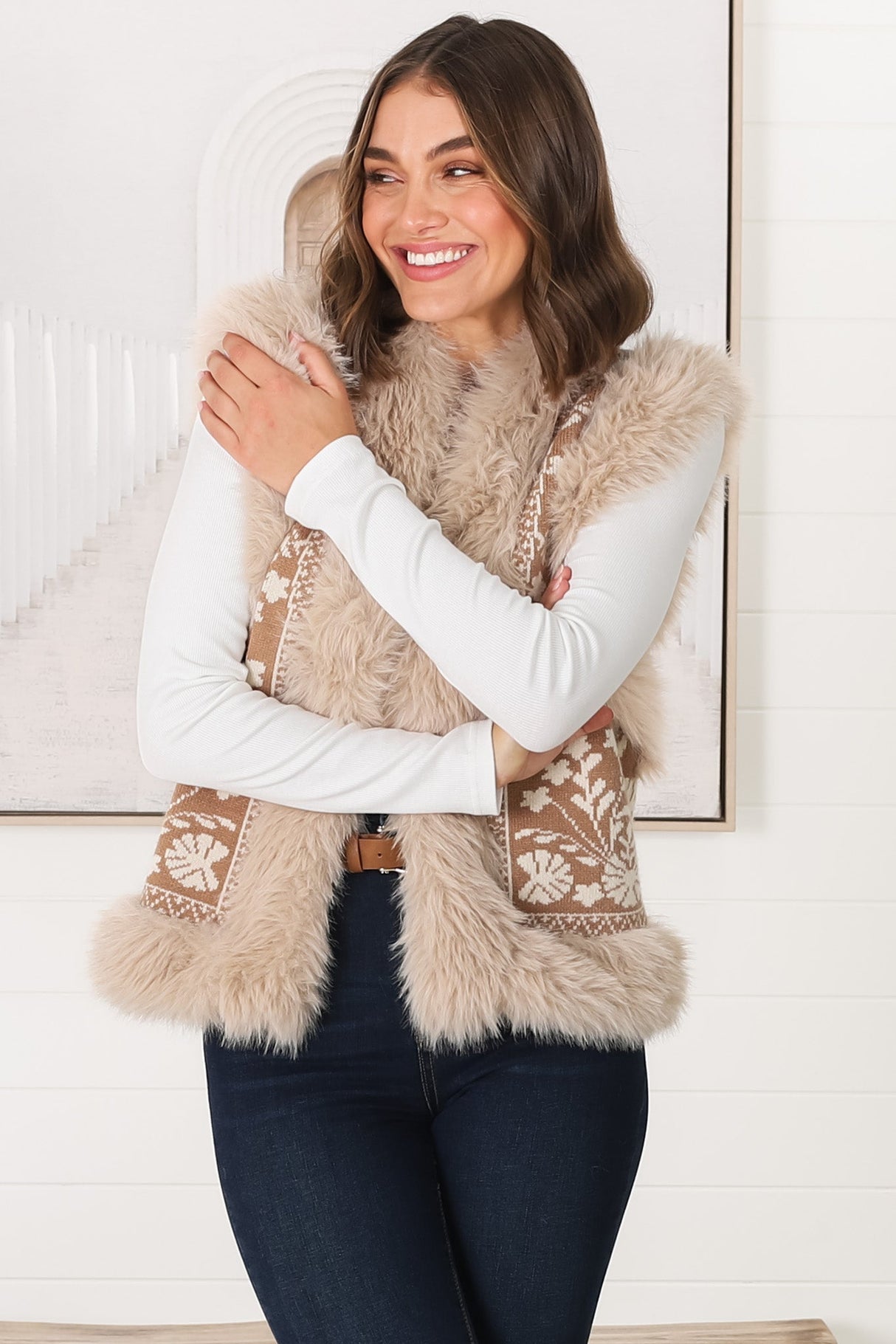 Wolfe Knit Vest - Faux Fur Trim Open Vest in Camel