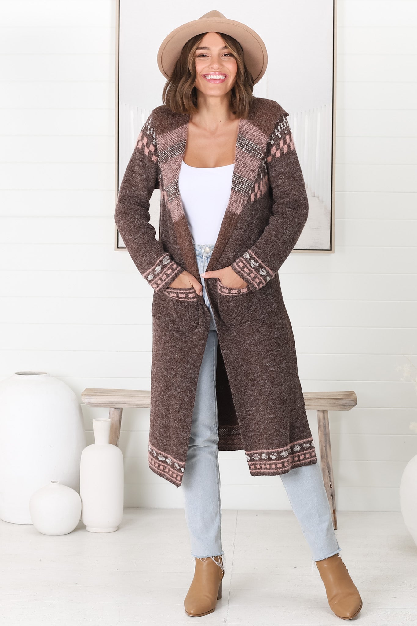 Jumilah Cardigan - Hooded Long Line Graphic Cardigan in Brown