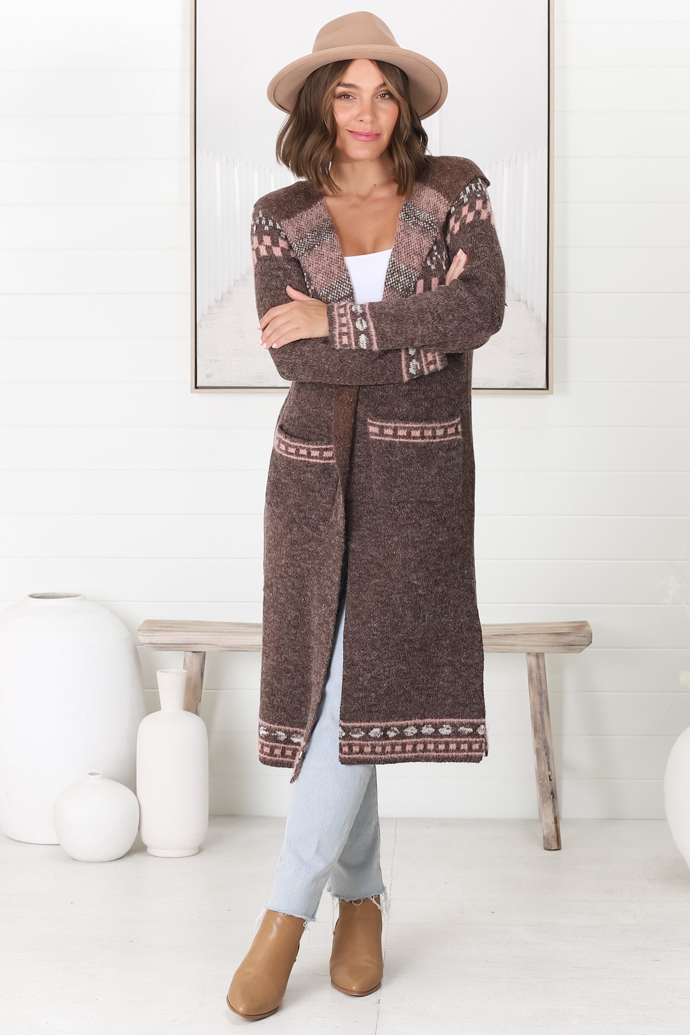 Jumilah Cardigan - Hooded Long Line Graphic Cardigan in Brown