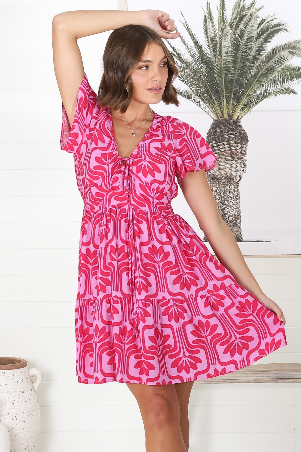 Lilly Mini Dress - Adjustable V Neckline Dress with Cap Sleeves in Luvira Print Pink