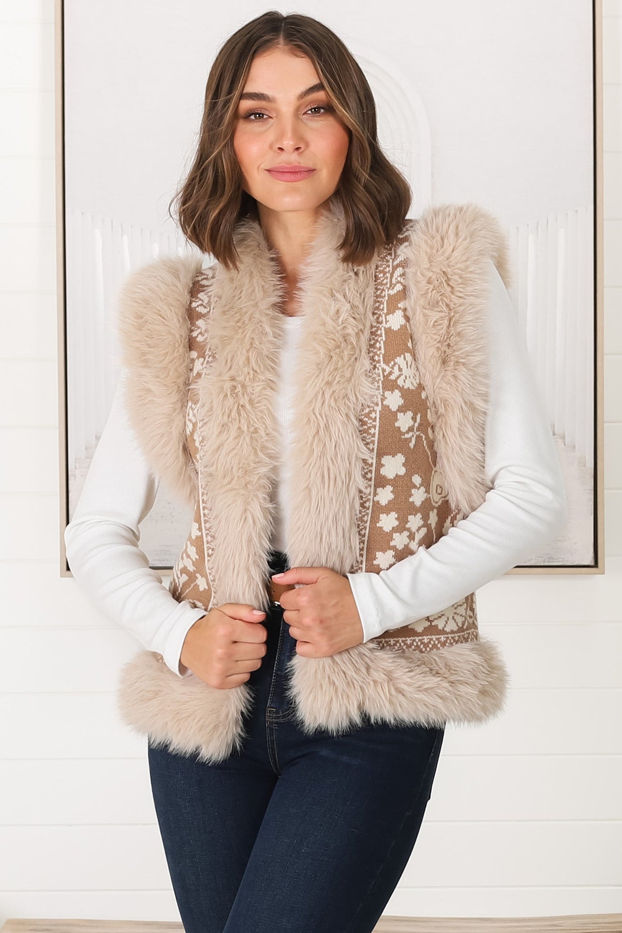 Wolfe Knit Vest - Faux Fur Trim Open Vest in Camel