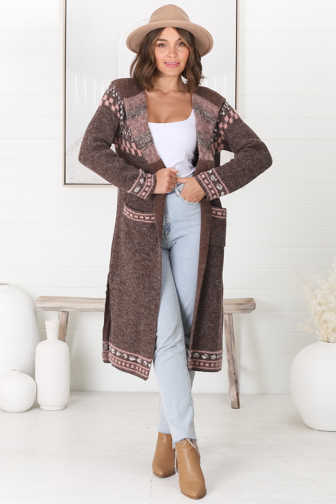 Jumilah Cardigan - Hooded Long Line Graphic Cardigan in Brown