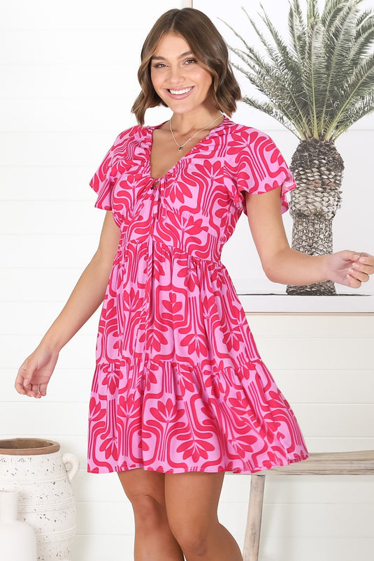 Lilly Mini Dress - Adjustable V Neckline Dress with Cap Sleeves in Luvira Print Pink