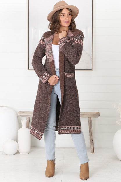 Jumilah Cardigan - Hooded Long Line Graphic Cardigan in Brown