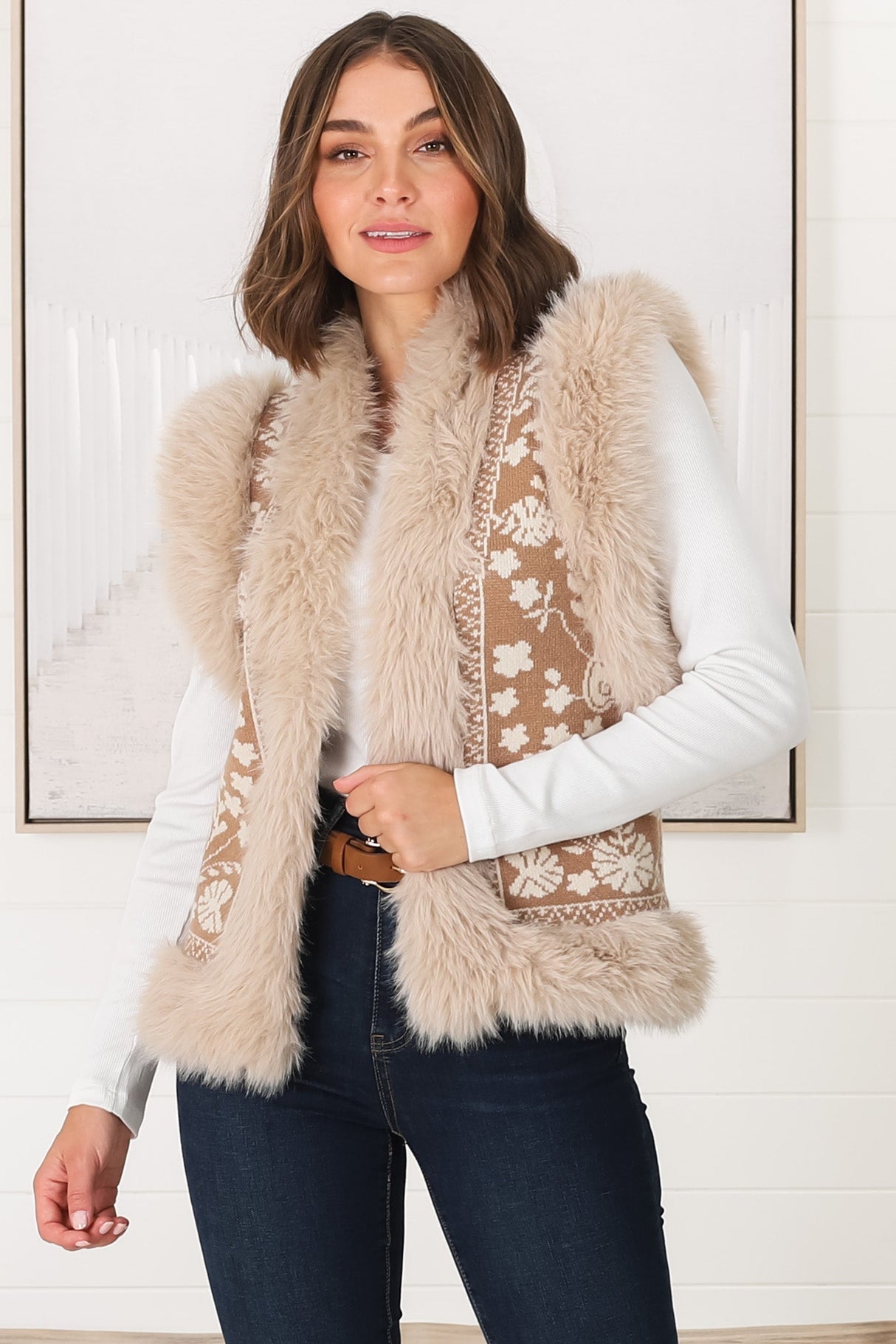 Wolfe Knit Vest - Faux Fur Trim Open Vest in Camel