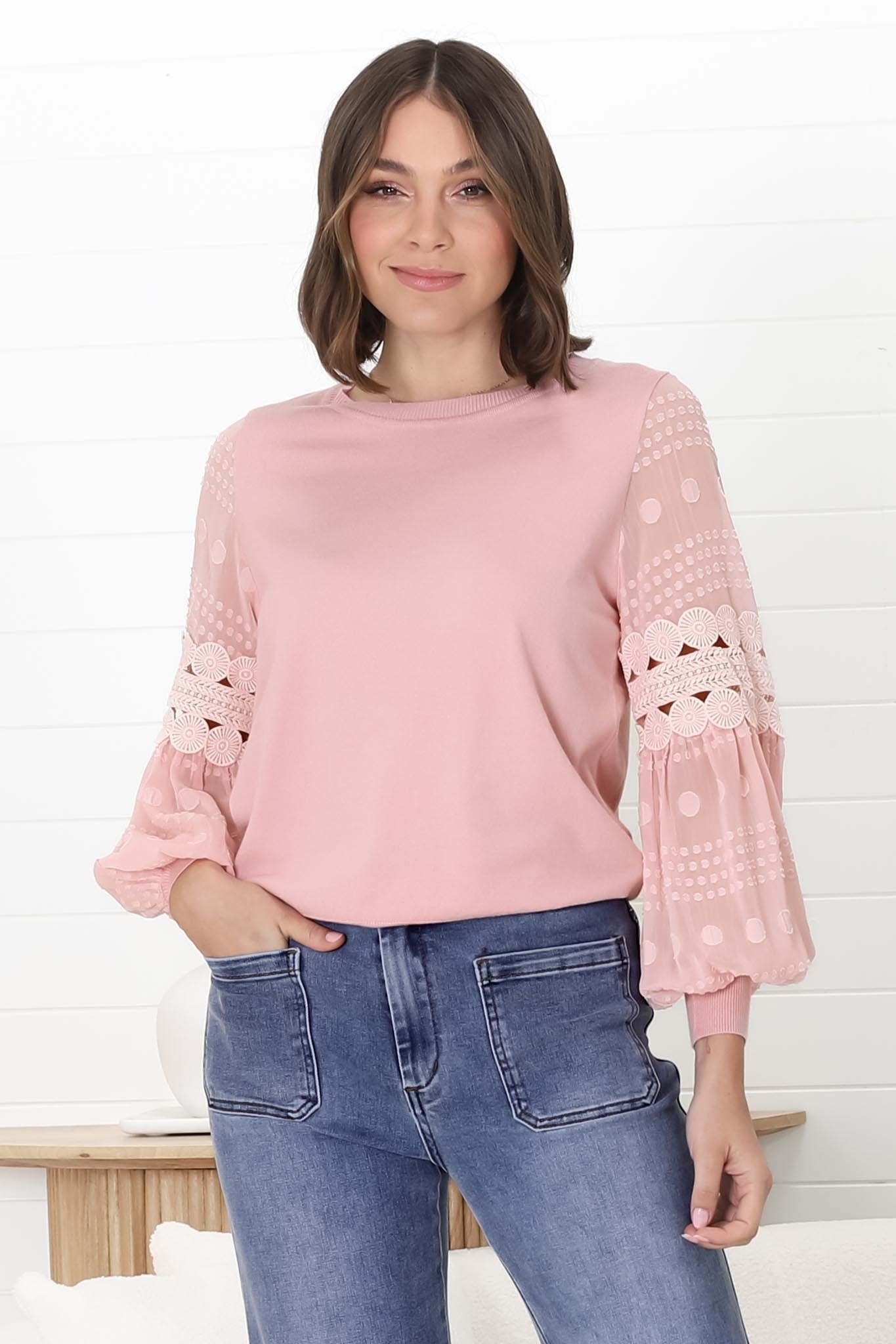 Falinda Knit Top - Crew Neck Lace Sleeve Knit in Pink