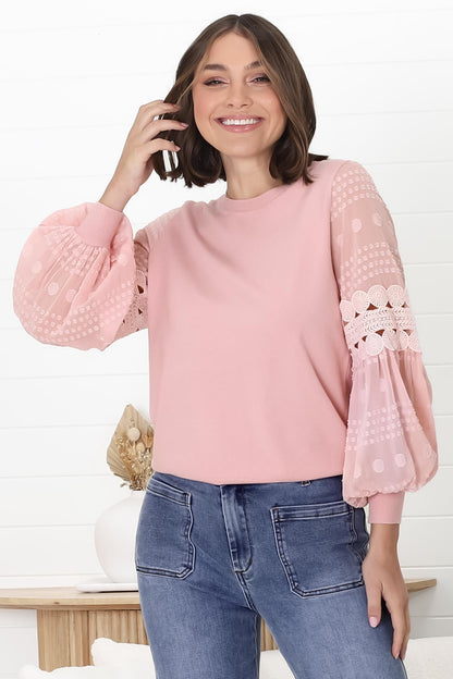 Falinda Knit Top - Crew Neck Lace Sleeve Knit in Pink