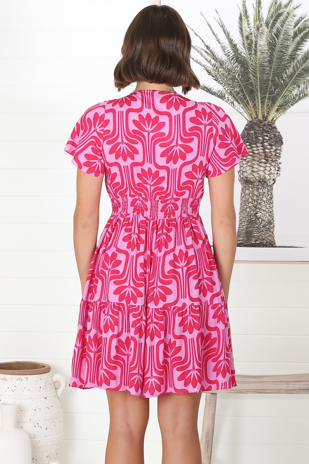 Lilly Mini Dress - Adjustable V Neckline Dress with Cap Sleeves in Luvira Print Pink