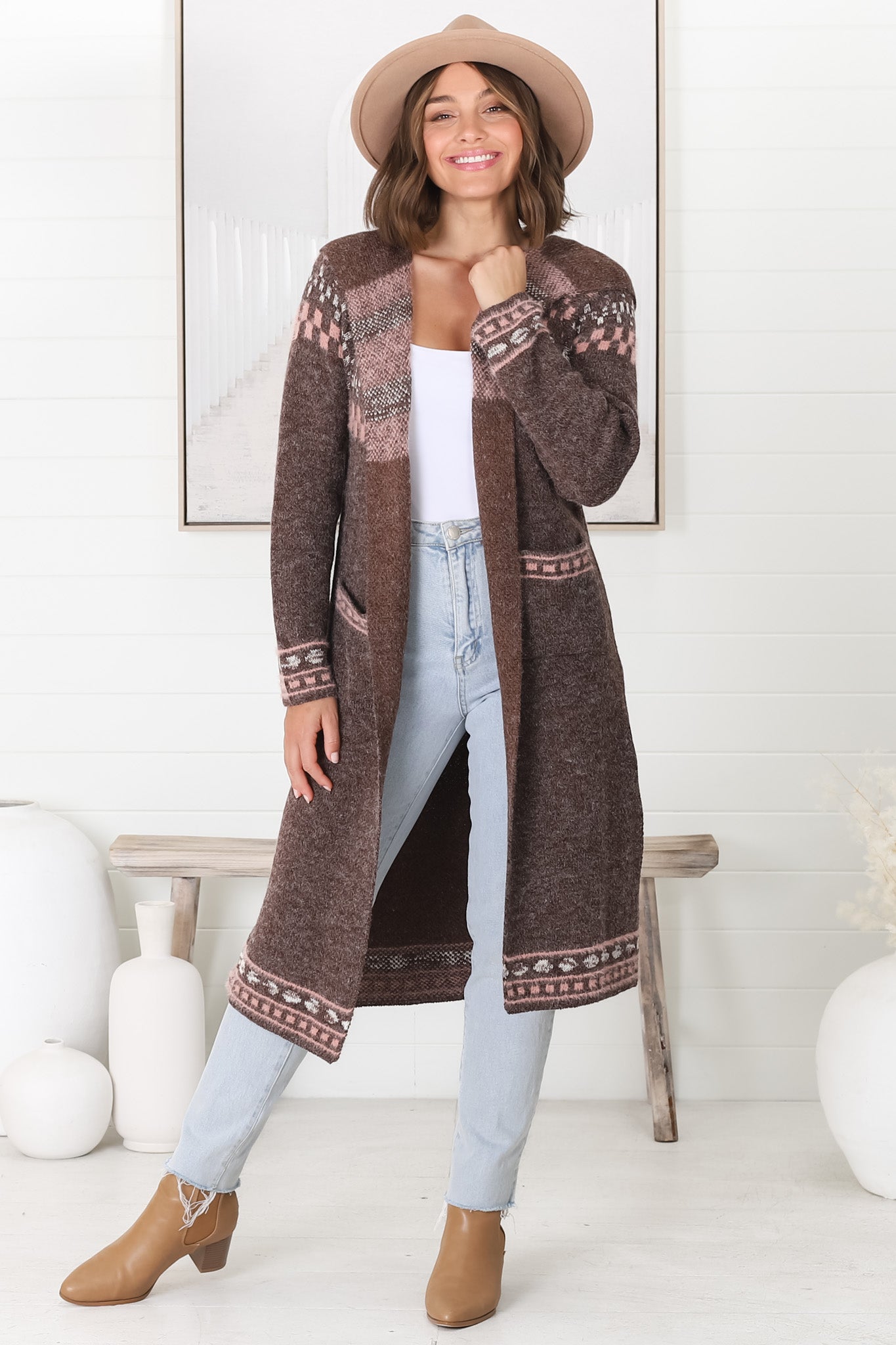 Jumilah Cardigan - Hooded Long Line Graphic Cardigan in Brown