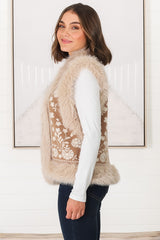 Wolfe Knit Vest - Faux Fur Trim Open Vest in Camel