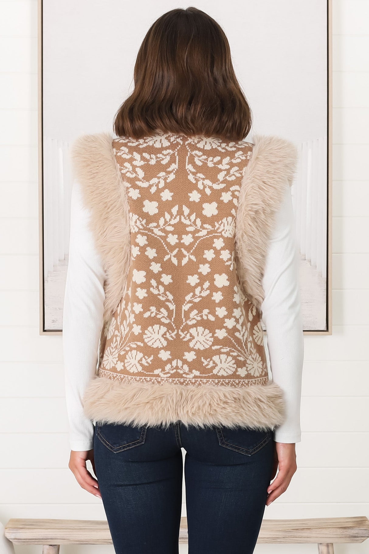 Wolfe Knit Vest - Faux Fur Trim Open Vest in Camel