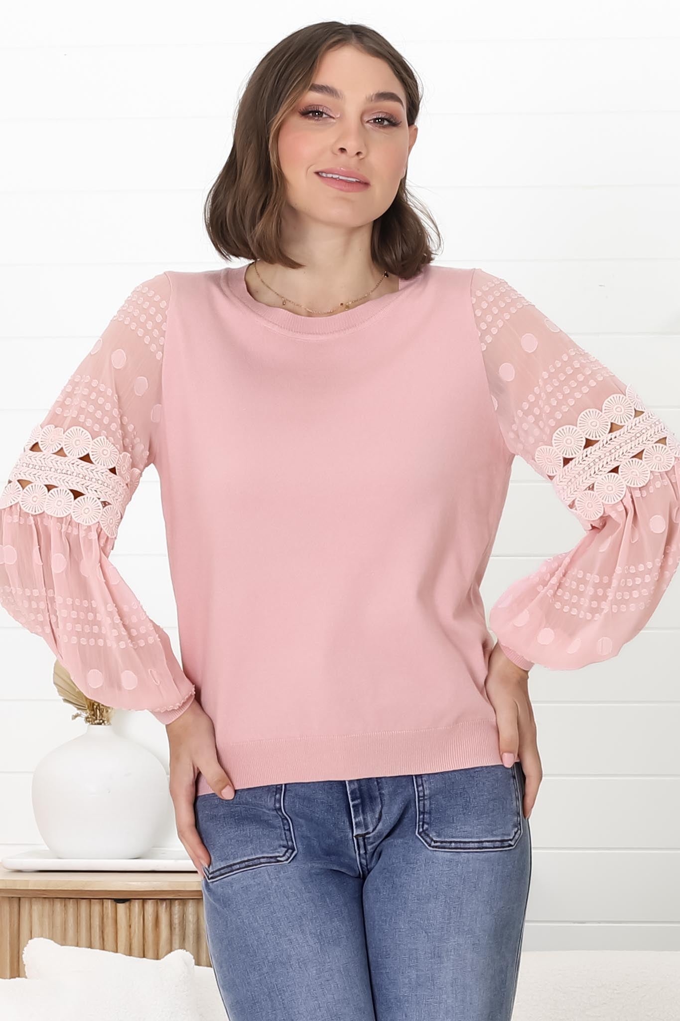 Falinda Knit Top - Crew Neck Lace Sleeve Knit in Pink