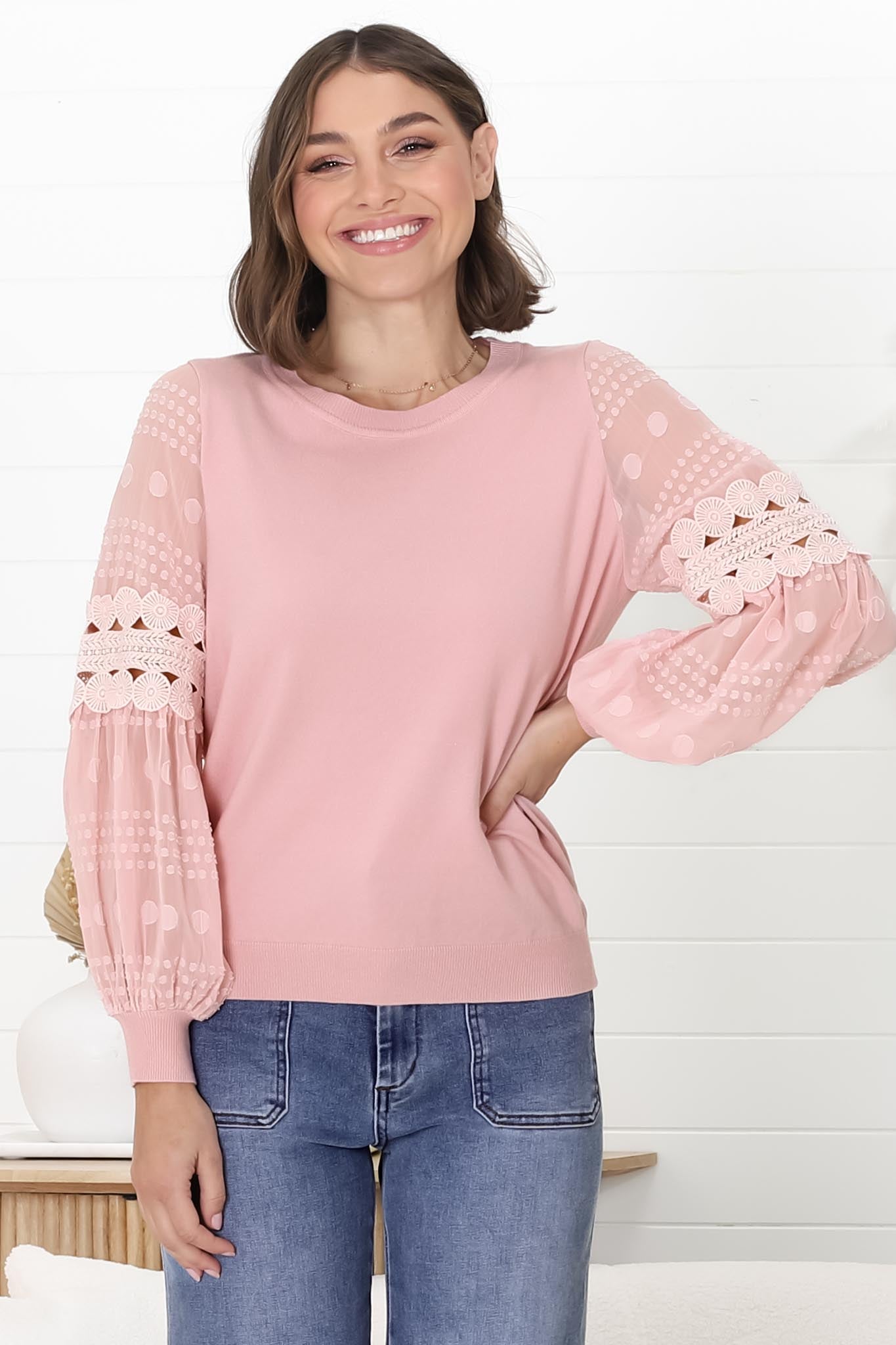 Falinda Knit Top - Crew Neck Lace Sleeve Knit in Pink