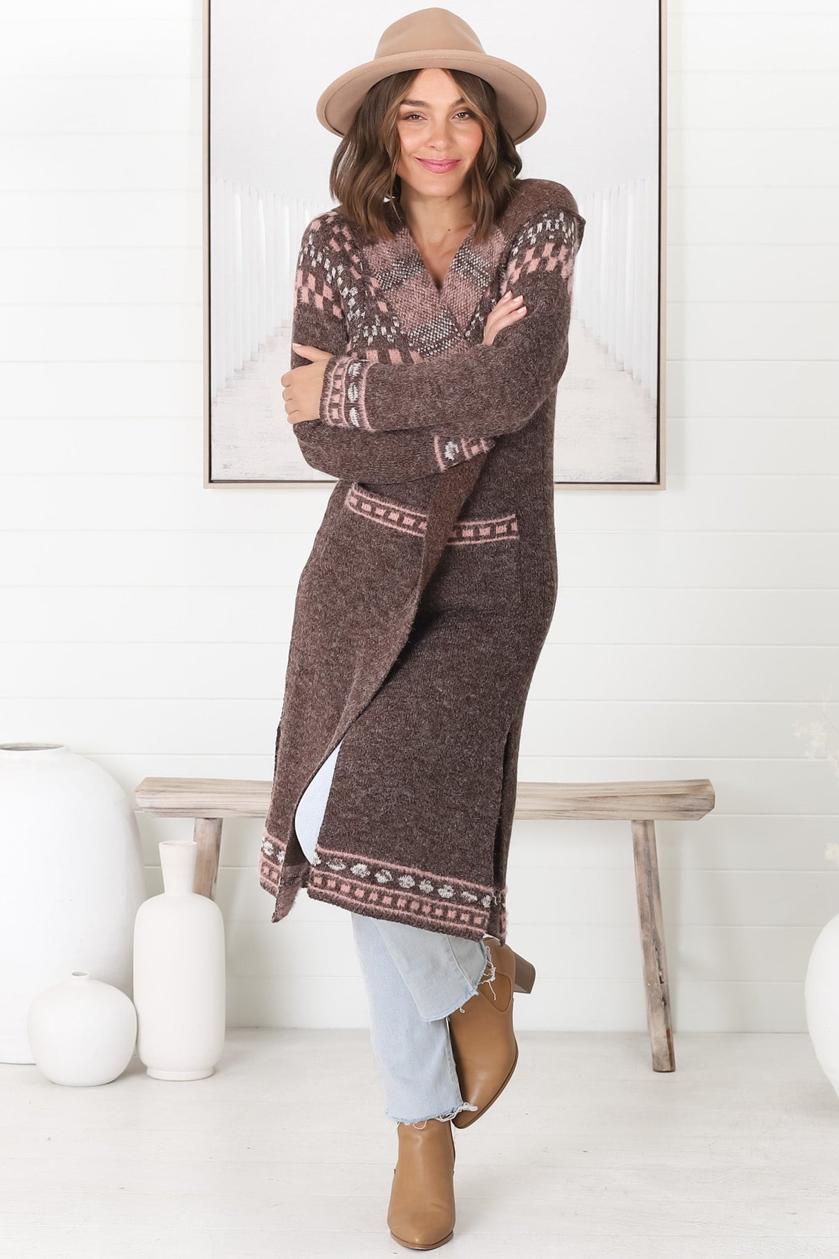 Jumilah Cardigan - Hooded Long Line Graphic Cardigan in Brown