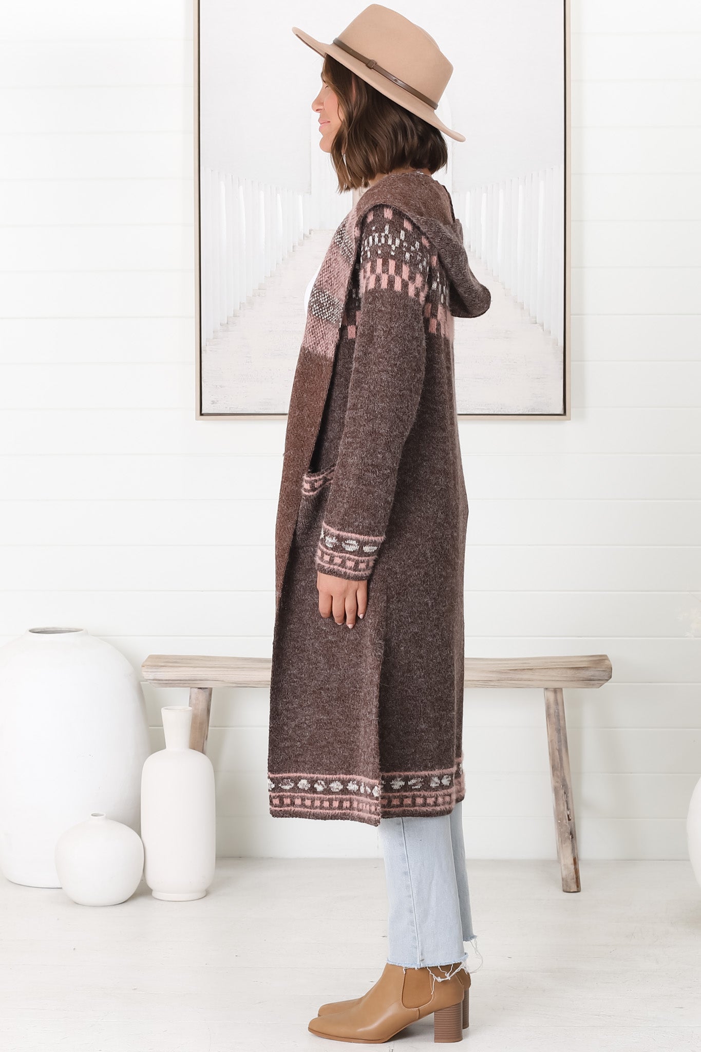 Jumilah Cardigan - Hooded Long Line Graphic Cardigan in Brown