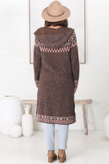 Jumilah Cardigan - Hooded Long Line Graphic Cardigan in Brown