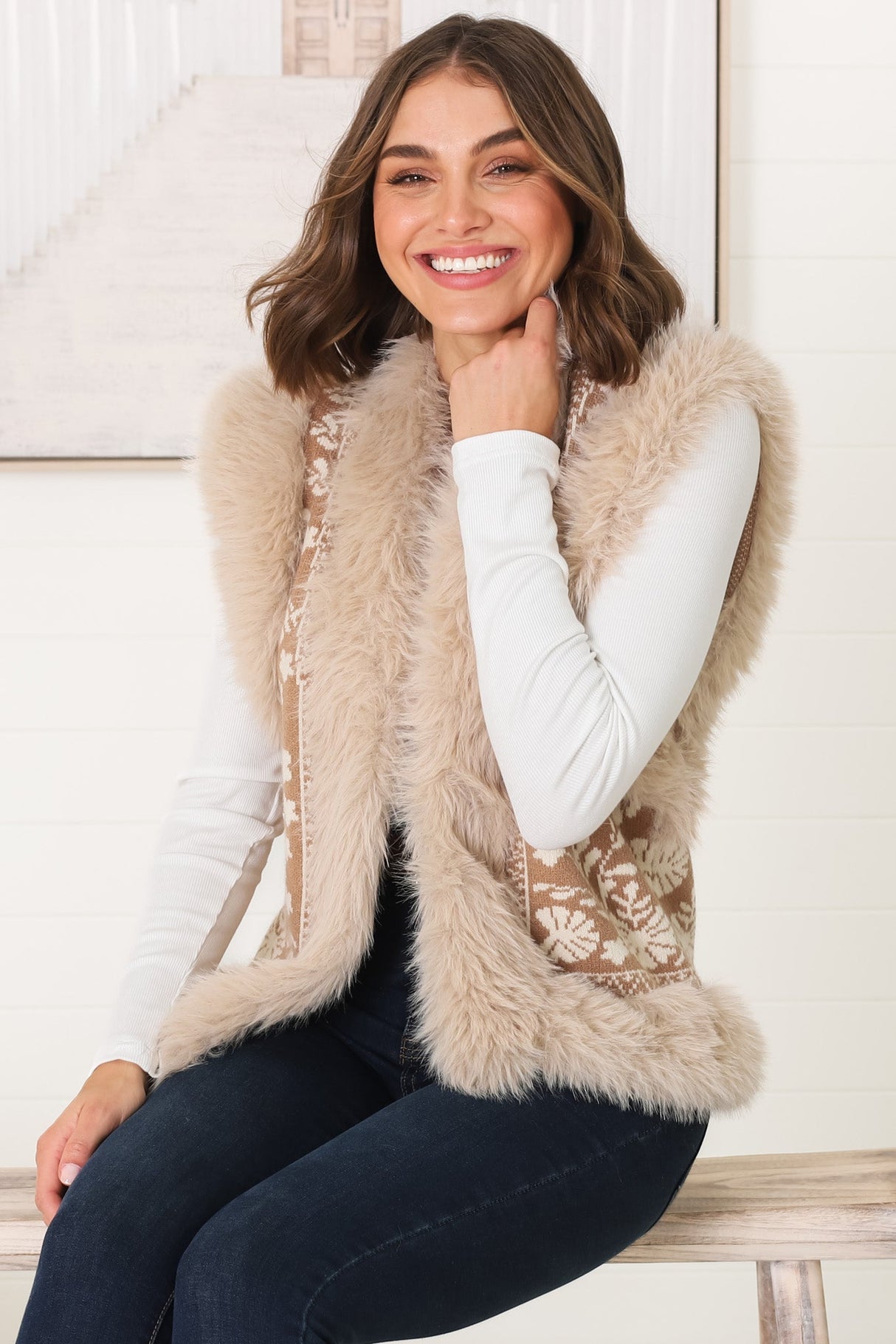 Wolfe Knit Vest - Faux Fur Trim Open Vest in Camel