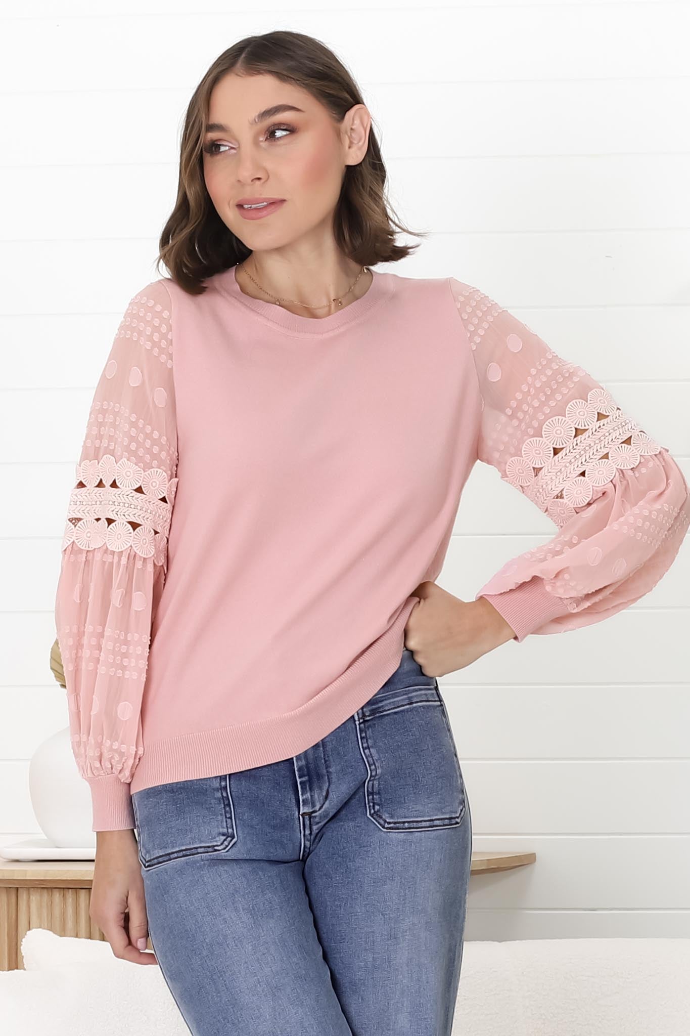 Falinda Knit Top - Crew Neck Lace Sleeve Knit in Pink