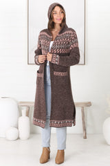 Jumilah Cardigan - Hooded Long Line Graphic Cardigan in Brown