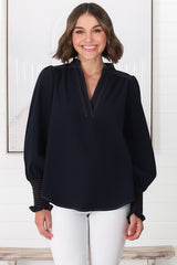 Suri Top - Denim Look Pull Over Top in Navy