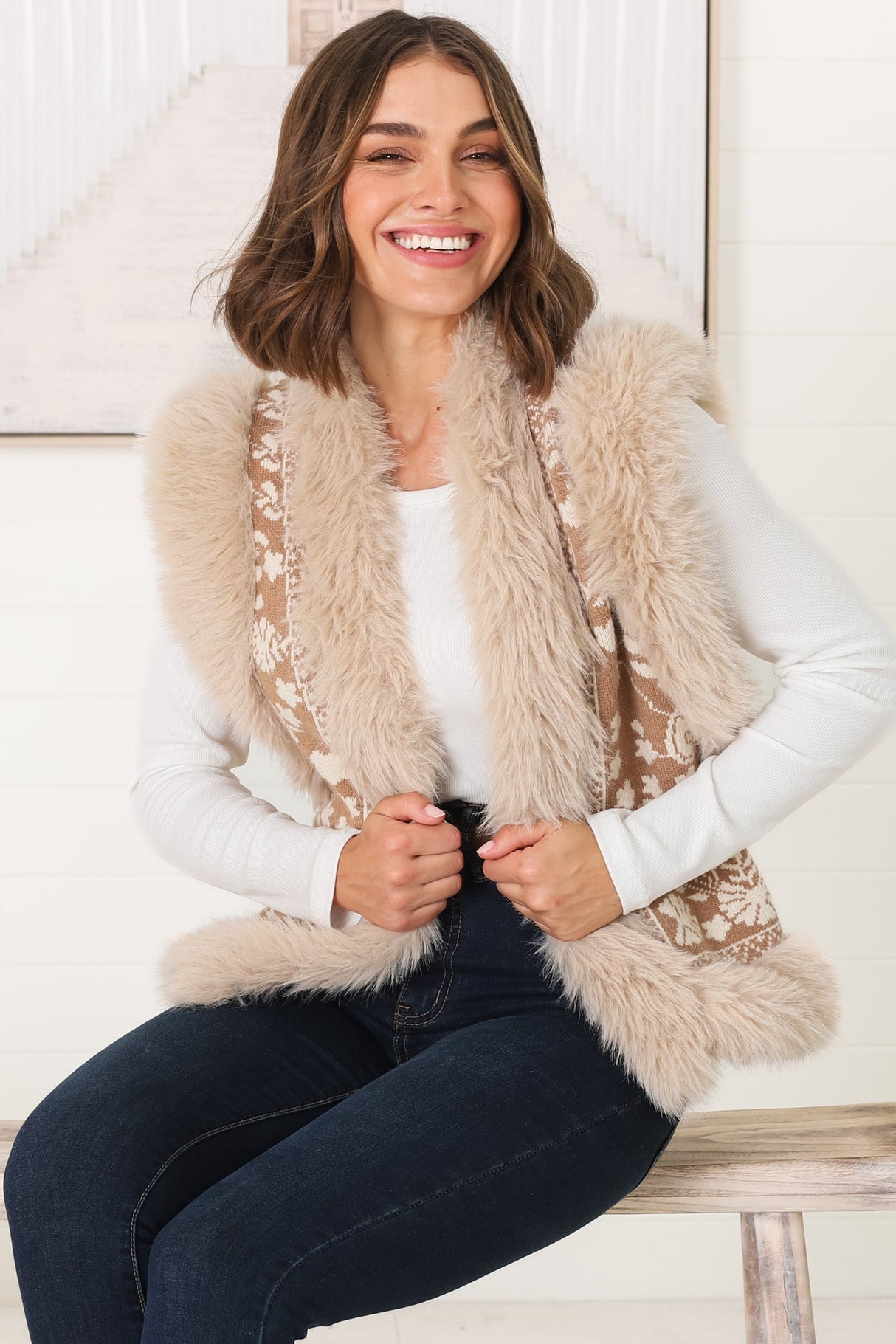 Wolfe Knit Vest - Faux Fur Trim Open Vest in Camel