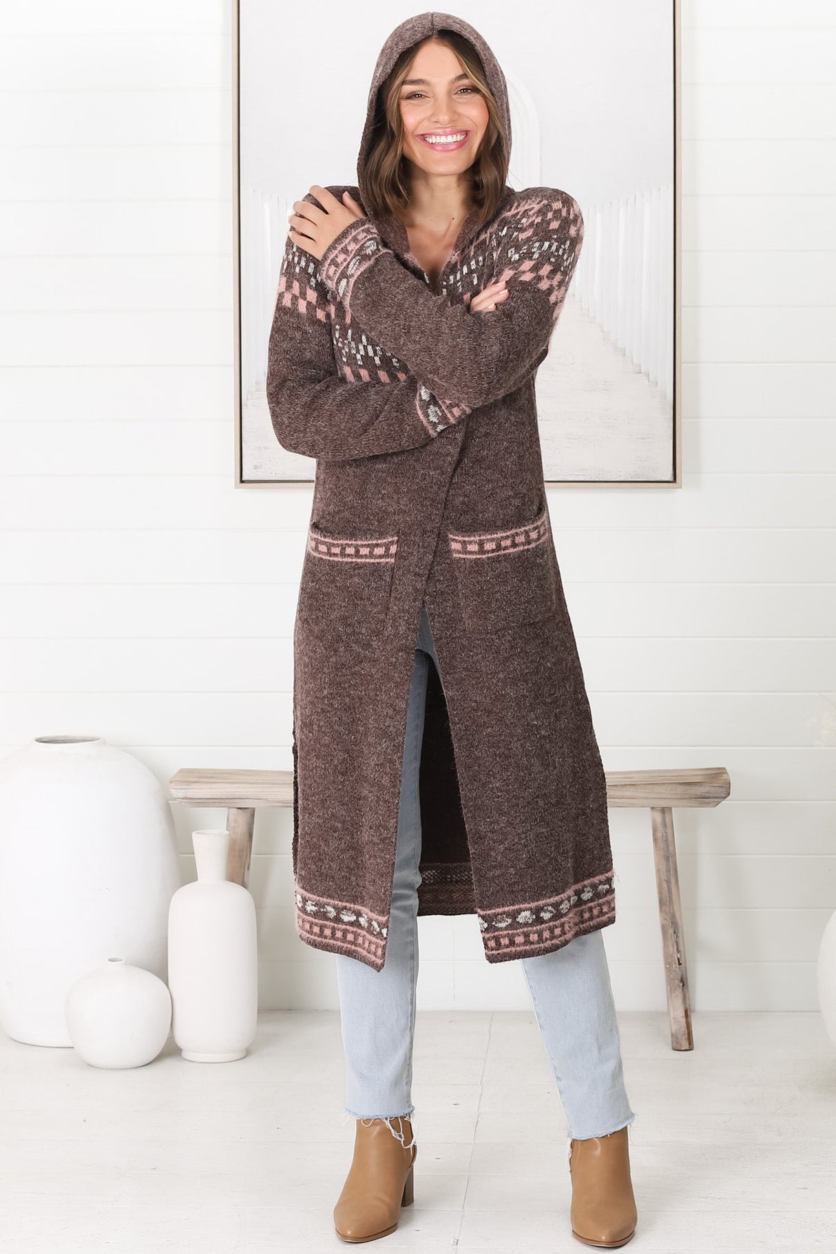 Jumilah Cardigan - Hooded Long Line Graphic Cardigan in Brown